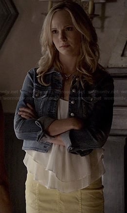 Caroline’s white tiered top and yellow skirt on The Vampire Diaries
