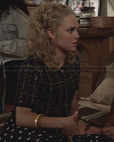 Carrie’s black sequin and beaded top and polka dot pants on The Carrie Diaries