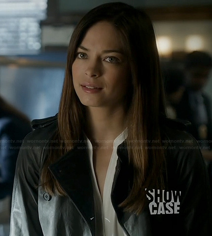Cat’s black leather coat and white blouse on Beauty and the Beast