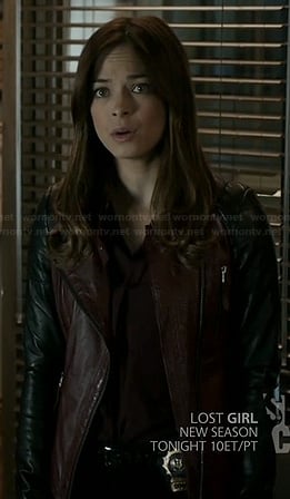 Cat’s burgundy leather jacket with black sleeves on Beauty and the Beast