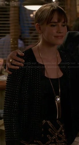 Charlotte’s black mesh beaded jacket and gold beaded skirt on Revenge