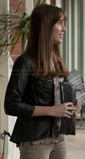 Charlotte’s leather jacket with ruched front and snake print top on Revenge