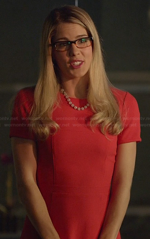 Felicity’s red and cream colorblock dress on Arrow