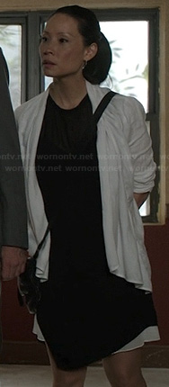 Joan’s black and white layered t-shirt dress on Elementary