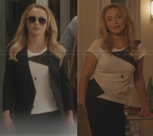 Juliette’s black and white colorblock tee and cropped back blazer on Nashville