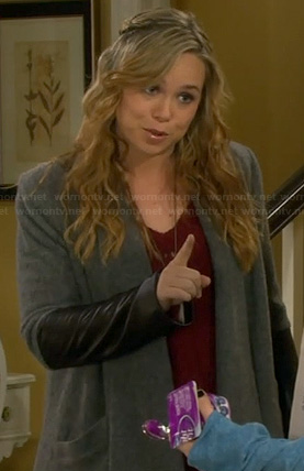 Kristin’s grey draped cardigan with leather sleeves on Last Man Standing