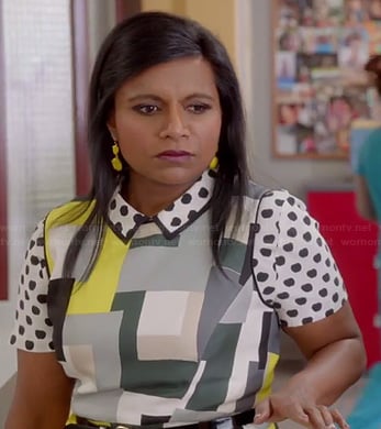 Mindy’s white apple polka dot shirt and geometric print dress on The Mindy Project