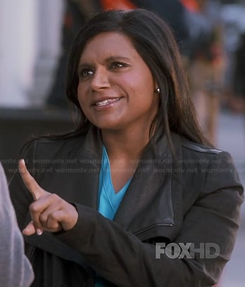 Mindy’s black draped collar leather jacket on The Mindy Project