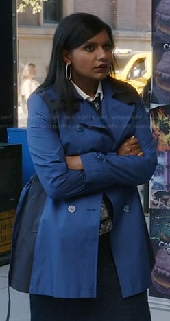 Mindy’s blue colorblock trench coat on The Mindy Project