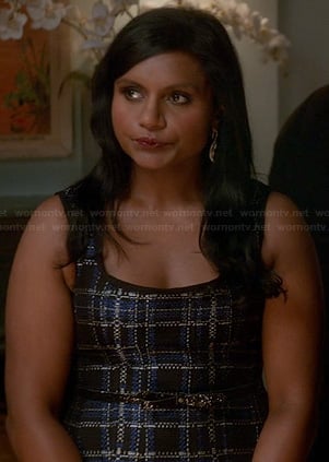 Mindy’s blue and metallic check print dress on The Mindy Project