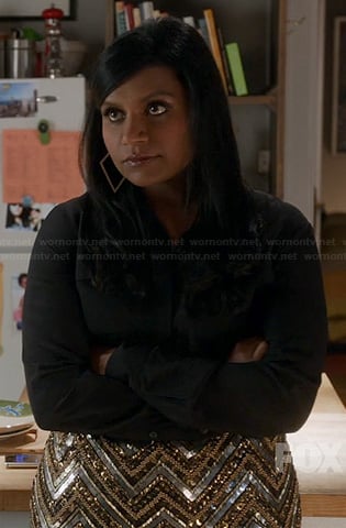 Mindy’s gold sequin skirt and black shirt on The Mindy Project