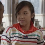 Mouse’s rainbow striped sweater and mouse pin on The Carrie Diaries