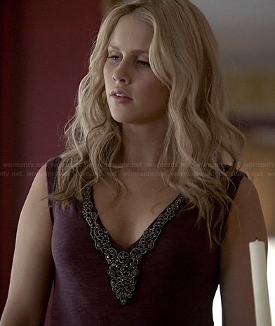 Rebekah’s burgundy beaded front top on The Originals