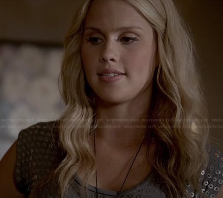 Rebekah’s grey metal eyelet covered top on The Originals