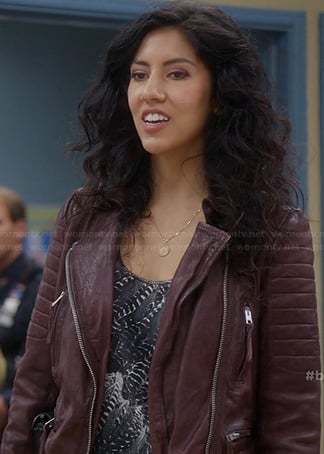 Rosa’s black feather print top and burgundy leather jacket on Brooklyn Nine Nine