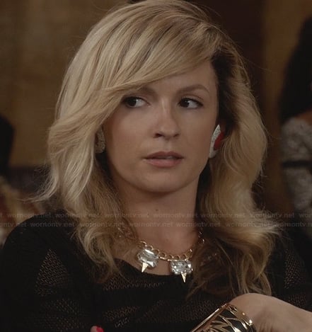 Samantha’s black mesh crop top and crystal spike necklace on The Carrie Diaries