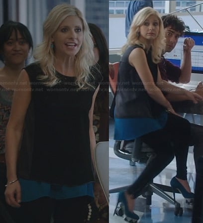 Sydney’s black leather trim eyelet top and blue platform pumps on The Crazy Ones