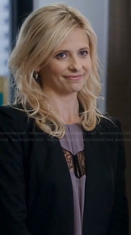 Sydney’s purple lace inset top and leather trimmed blazer on The Crazy Ones