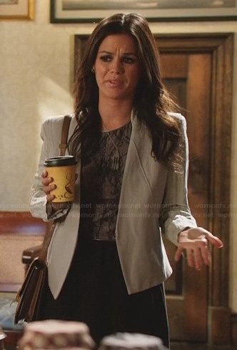 Zoe’s black lace dress, grey jacket and feather necklace on Hart of Dixie
