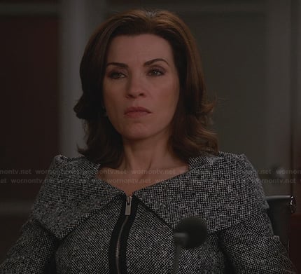 Alicia’s grey tweed jacket with foldover collar on The Good Wife