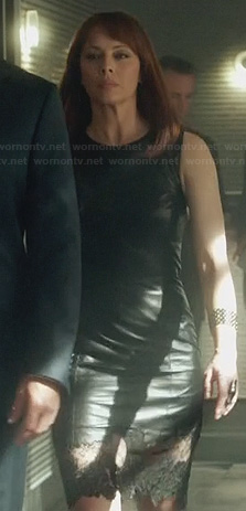 Amanda’s leather lace-trim dress on Nikita
