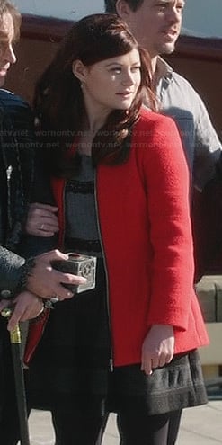 Belle’s grey lace striped top, red coat and grey striped skirt on Once Upon a Time