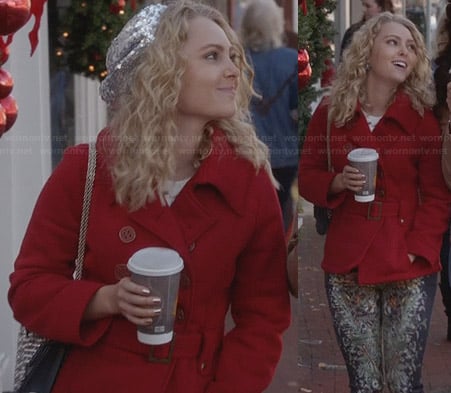 Carrie’s red belted coat, sequin beret and floral jeans on The Carrie Diaries