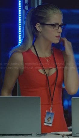 Felicity’s orange/red dress with front cutout on Arrow