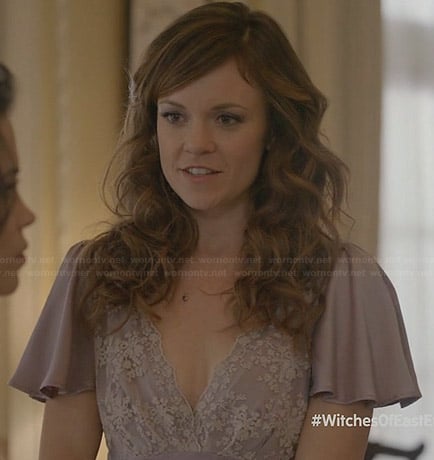 Ingrid’s lavender purple embroidered dress at Freya’s wedding on Witches of East End