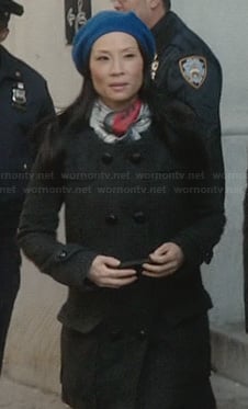 Joan’s grey pea coat and blue beret on Elementary