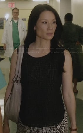 Joan’s black and white printed overlay dress on Elementary