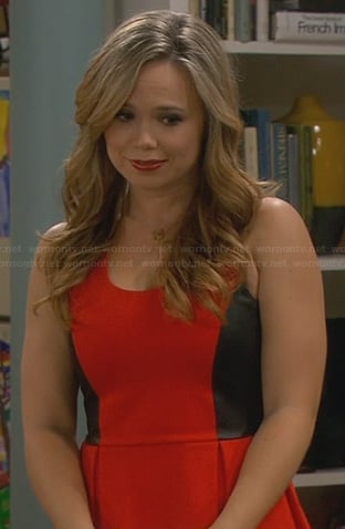 Kristin’s red dress with black leather panels on Last Man Standing