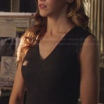 Laurel’s grey v-neck dress with leather sleeve trim on Arrow