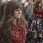 Layla’s black floral a-line skirt and red embellished moto jacket on Nashville