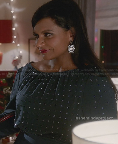 Mindy's teal green christmas party dress on The Mindy Project