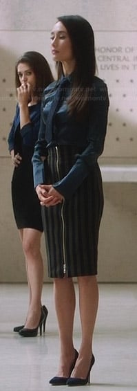 Nikita’s vertical striped zip-front skirt on Nikita