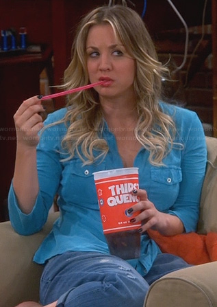 Penny’s blue button front shirt on The Big Bang Theory