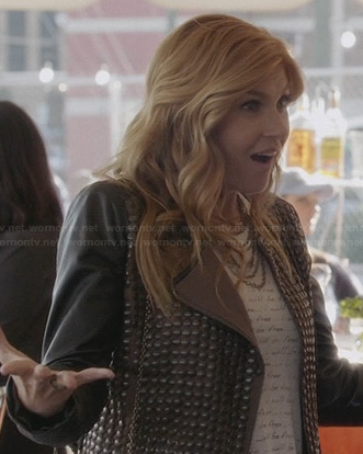 Rayna’s black studded jacket with leather sleeves on Nashville