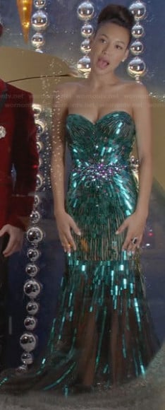 Santana's green strapless beaded dress on Glee