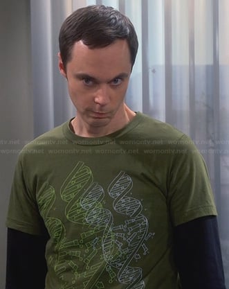 Sheldon’s green DNA graphic shirt on The Big Bang Theory
