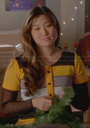 Tina's yellow striped button front dress on Glee