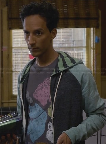 Abed’s pirate animals t-shirt and green striped hoodie on Community