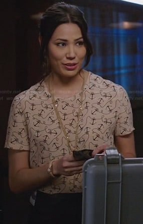 Angela’s anchor print blouse on Bones