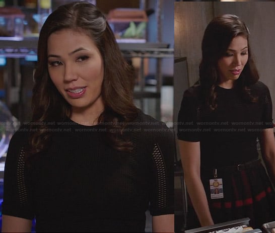 Angela’s black eyelet top and check skirt on Bones