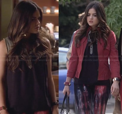 Aria's black and denim henley top on PLL