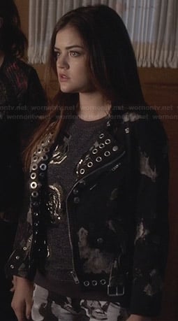 Aria’s grey beaded rose top and eyelet detail jacket on Pretty Little Liars