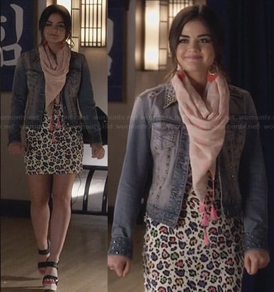 Aria’s rainbow leopard print dress and denim studded jacket on Pretty Little Liars