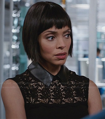 Camille’s black lace top with leather collar on Bones