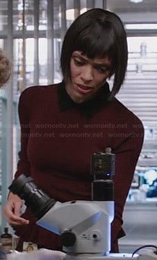 Camille’s burgundy peplum sweater with collar on Bones