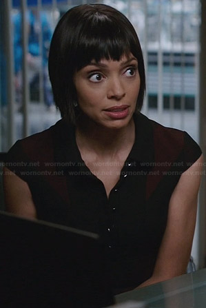 Camille’s black and red colorblock shirtdress on Bones